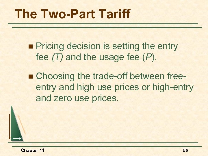 The Two-Part Tariff n Pricing decision is setting the entry fee (T) and the