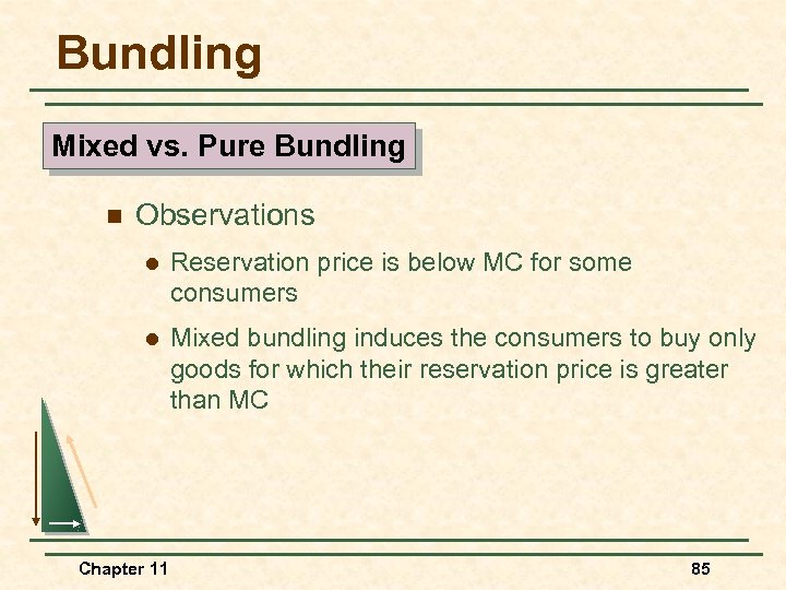Bundling Mixed vs. Pure Bundling n Observations l Reservation price is below MC for