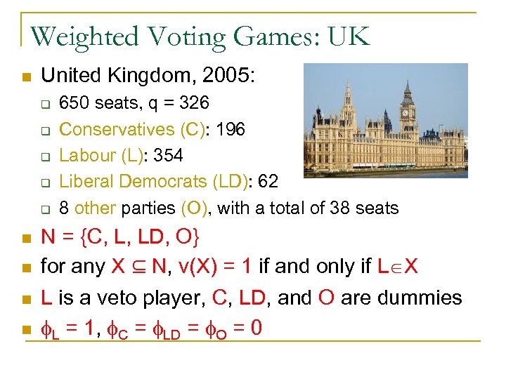 Weighted Voting Games: UK n United Kingdom, 2005: q q q n n 650
