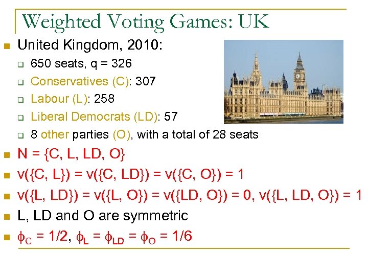 Weighted Voting Games: UK n United Kingdom, 2010: q q q n n n