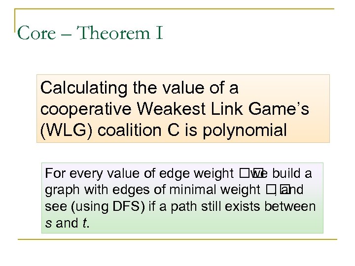Core – Theorem I Calculating the value of a cooperative Weakest Link Game’s (WLG)