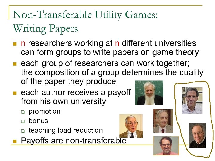 Non-Transferable Utility Games: Writing Papers n n researchers working at n different universities can