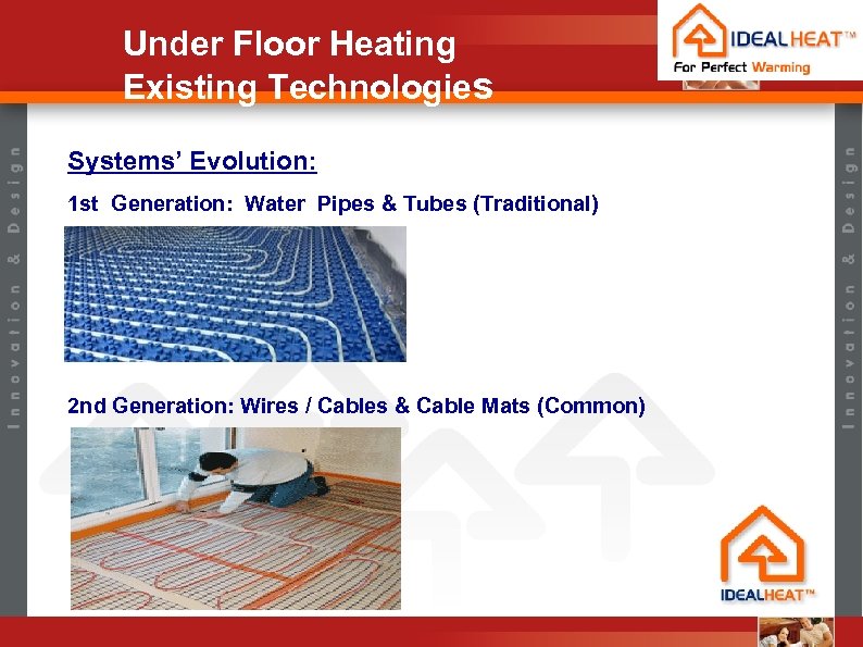 Under Floor Heating Existing Technologies Systems’ Evolution: 1 st Generation: Water Pipes & Tubes