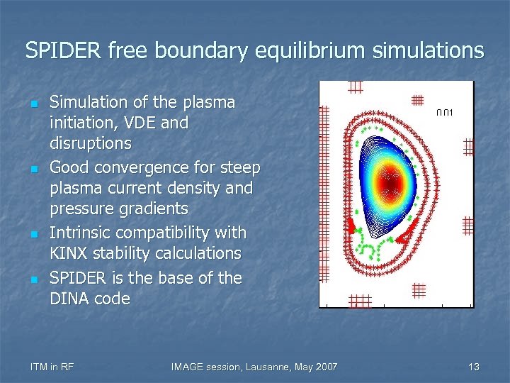 SPIDER free boundary equilibrium simulations n n Simulation of the plasma initiation, VDE and
