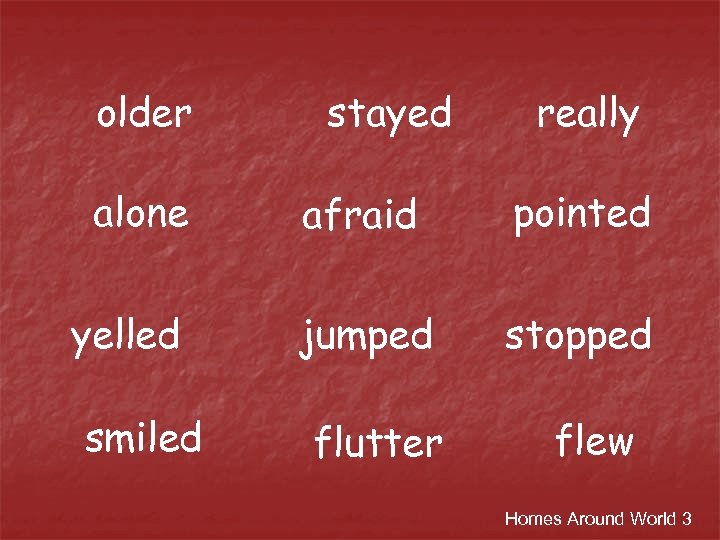 older alone yelled smiled stayed really afraid pointed jumped stopped flutter flew Homes Around