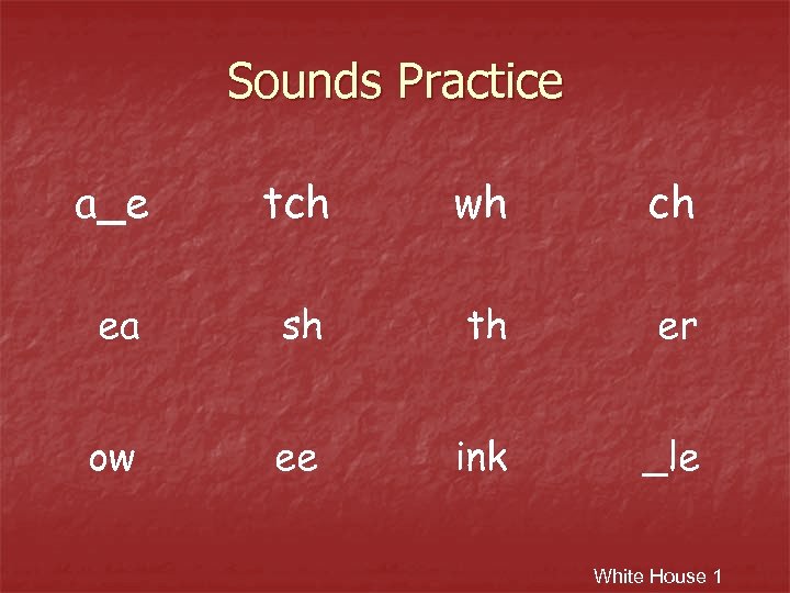 Sounds Practice a_e tch wh ch ea sh th er ow ee ink _le