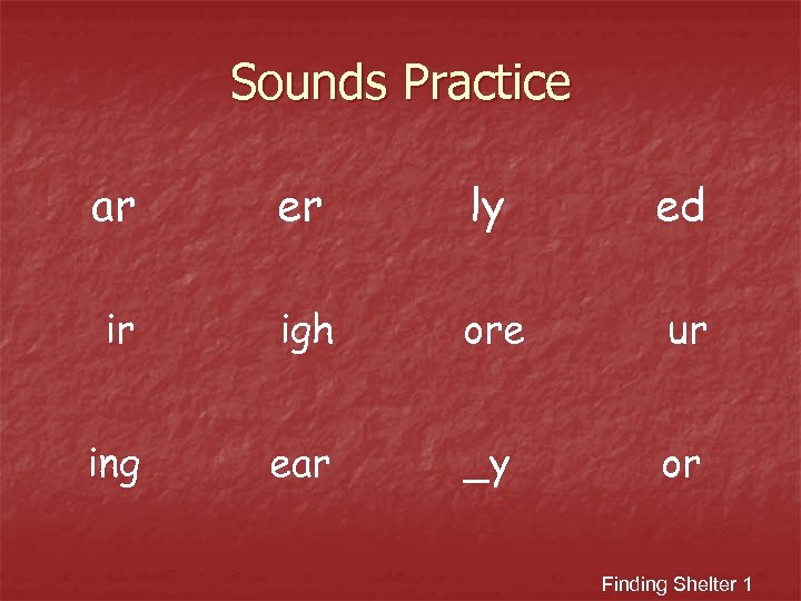 Sounds Practice ar er ly ed ir igh ore ur ing ear _y or