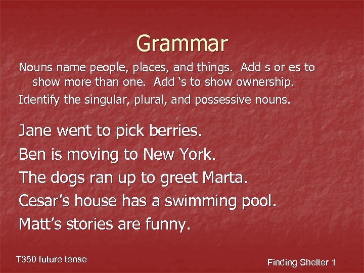 Grammar Nouns name people, places, and things. Add s or es to show more