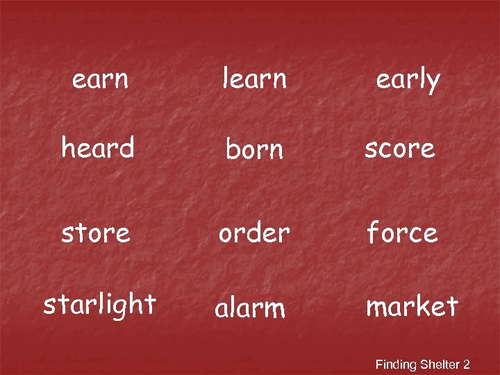 earn learn early heard born score store order force starlight alarm market Finding Shelter