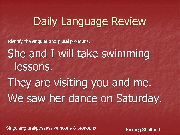 Daily Language Review Identify the singular and plural pronouns. She and I will take