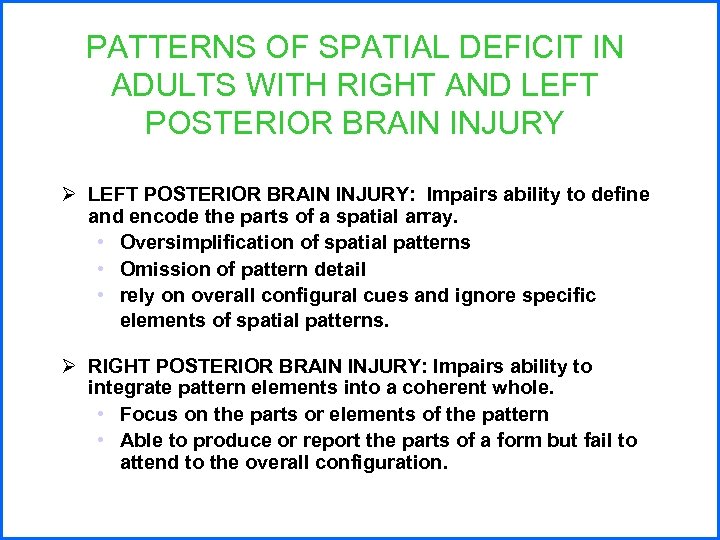 PATTERNS OF SPATIAL DEFICIT IN ADULTS WITH RIGHT AND LEFT POSTERIOR BRAIN INJURY Ø