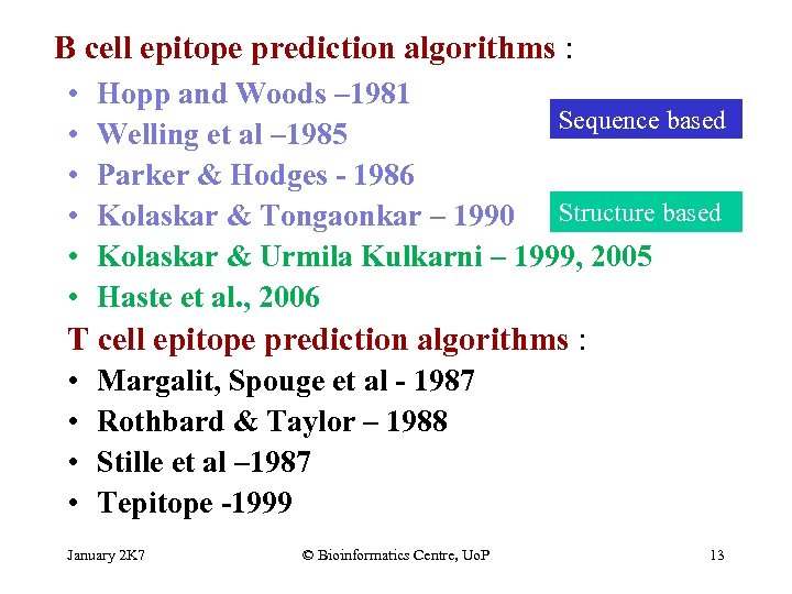 B cell epitope prediction algorithms : • • • Hopp and Woods – 1981