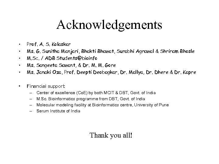 Acknowledgements • • • Prof. A. S. Kolaskar Ms. G. Sunitha Manjari, Bhakti Bhawat,