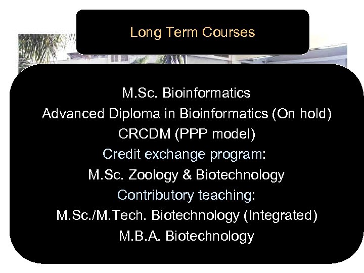 Long Term Courses M. Sc. Bioinformatics Advanced Diploma in Bioinformatics (On hold) CRCDM (PPP