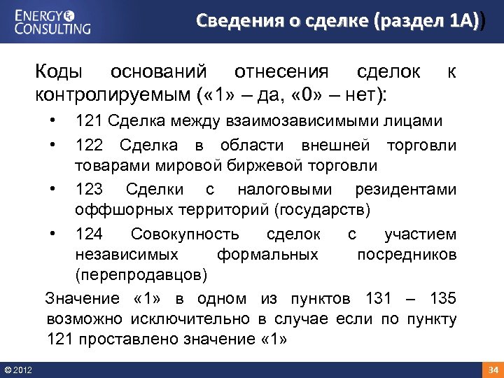 Сведения о сделке (раздел 1 А)) 1 А) Коды оснований отнесения сделок контролируемым (