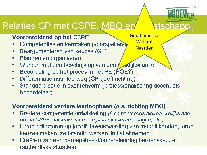 Relaties GP met CSPE, MBO en ‘maatschappij’ Voorbereidend op het CSPE • Competenties en