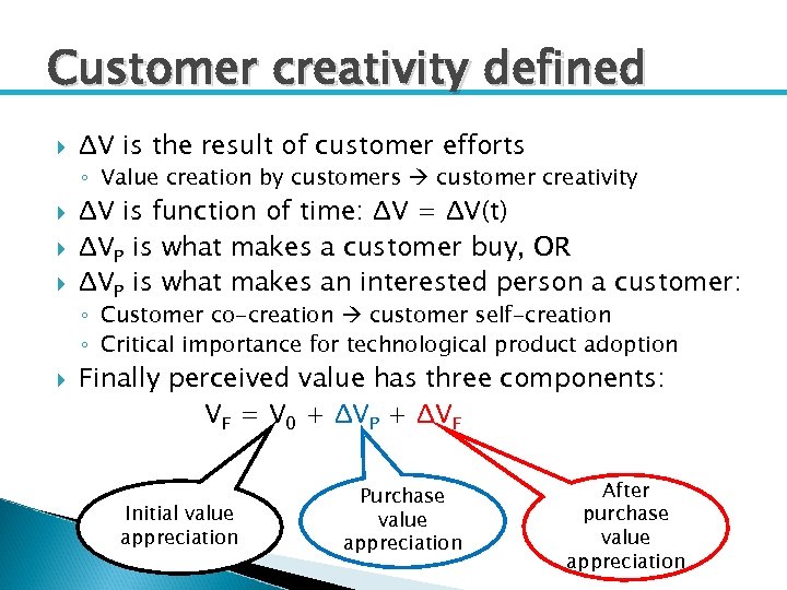 Customer creativity defined ΔV is the result of customer efforts ◦ Value creation by