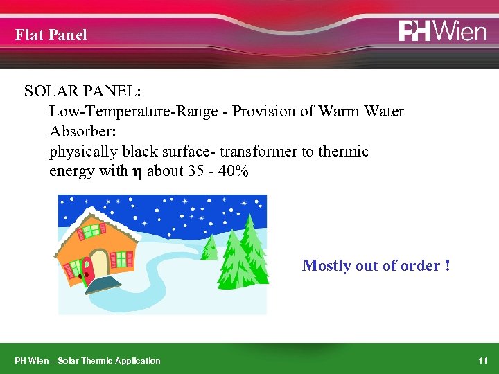 Flat Panel SOLAR PANEL: Low-Temperature-Range - Provision of Warm Water Absorber: physically black surface-