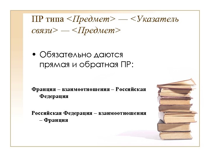 ПР типа <Предмет> — <Указатель связи> — <Предмет> • Обязательно даются прямая и обратная