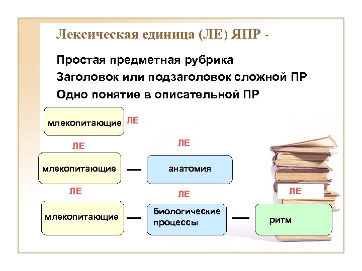 Лексическая единица (ЛЕ) ЯПР Простая предметная рубрика Заголовок или подзаголовок сложной ПР Одно понятие