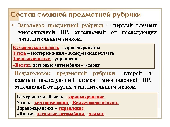 Состав сложной предметной рубрики • Заголовок предметной рубрики – первый элемент многочленной ПР, отделяемый