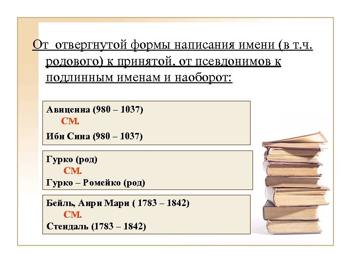 От отвергнутой формы написания имени (в т. ч. родового) к принятой, от псевдонимов к