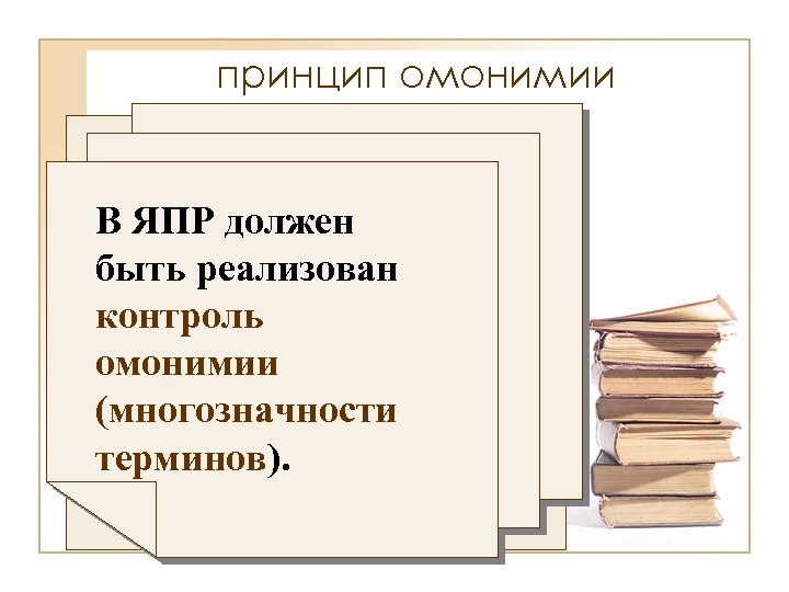 принцип омонимии В ЯПР должен быть реализован контроль омонимии (многозначности терминов). 