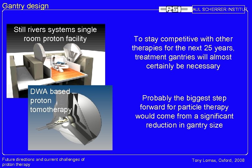 Gantry design Still rivers systems single room proton facility DWA based proton tomotherapy Future