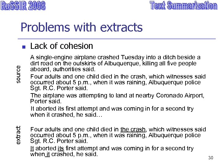 Problems with extracts extract source n Lack of cohesion A single-engine airplane crashed Tuesday