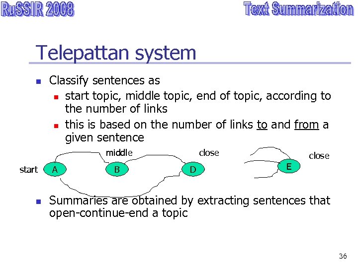 Telepattan system n Classify sentences as n start topic, middle topic, end of topic,