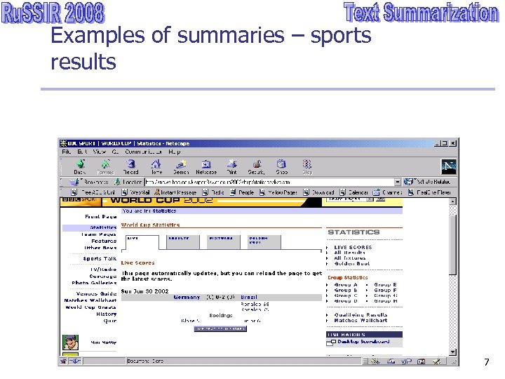 Examples of summaries – sports results 7 