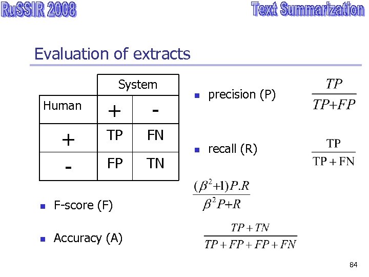 Evaluation of extracts System Human + - TP n precision (P) n recall (R)