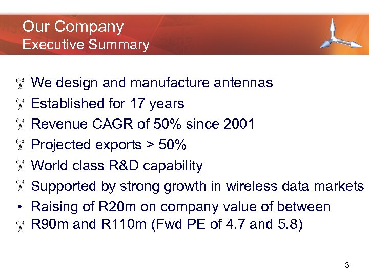 Our Company Executive Summary • • We design and manufacture antennas Established for 17