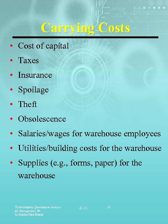 Carrying Costs • Cost of capital • Taxes • Insurance • Spoilage • Theft