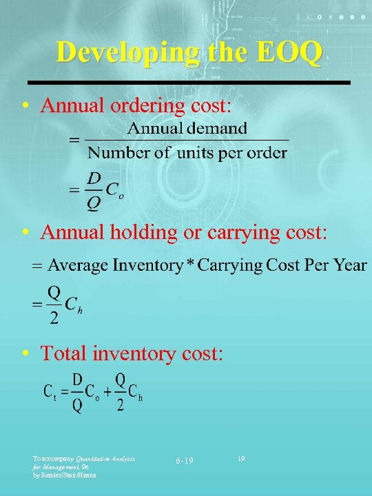 Developing the EOQ • Annual ordering cost: • Annual holding or carrying cost: •