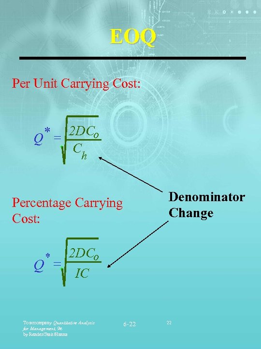 EOQ Per Unit Carrying Cost: * = 2 DCo Q C h Denominator Change