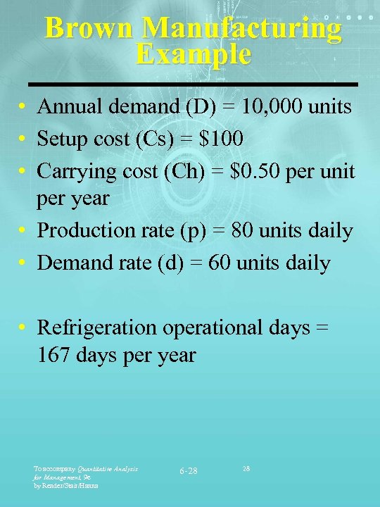 Brown Manufacturing Example • Annual demand (D) = 10, 000 units • Setup cost