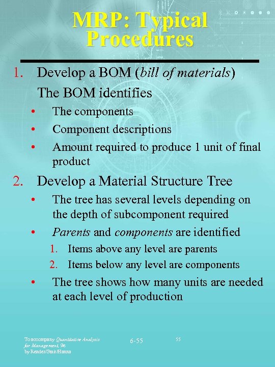 MRP: Typical Procedures 1. Develop a BOM (bill of materials) The BOM identifies •