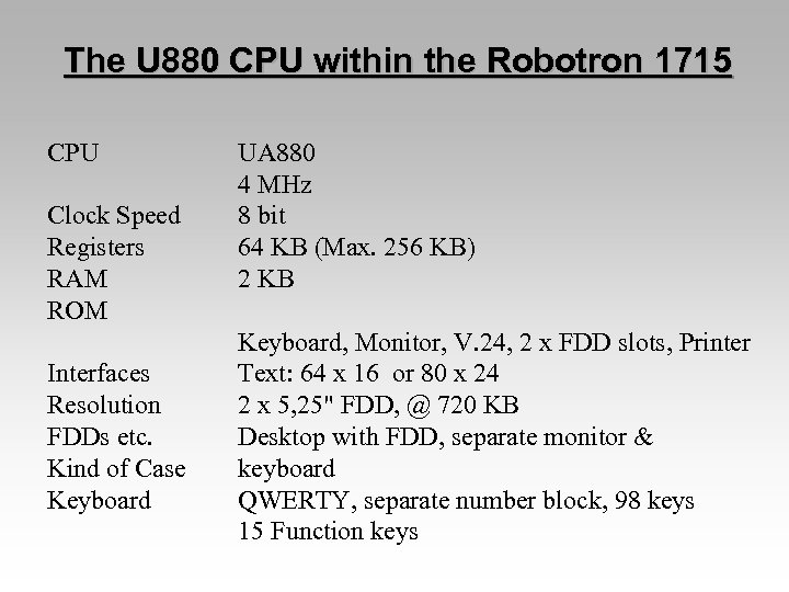 The U 880 CPU within the Robotron 1715 CPU Clock Speed Registers RAM ROM