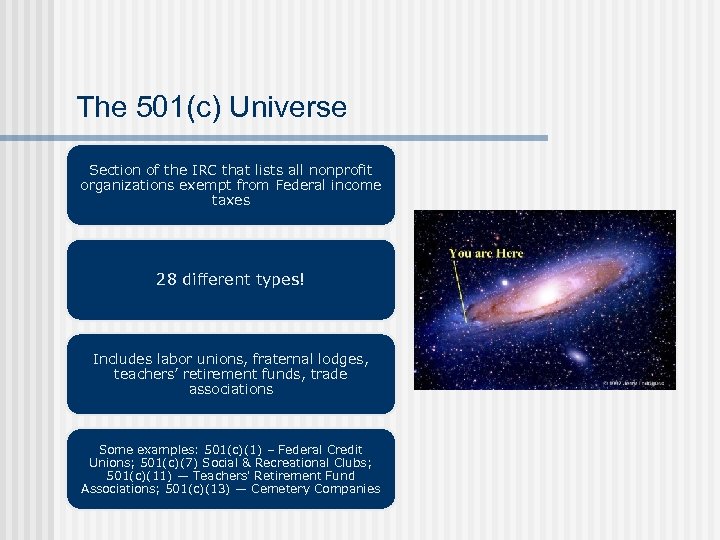 The 501(c) Universe Section of the IRC that lists all nonprofit organizations exempt from