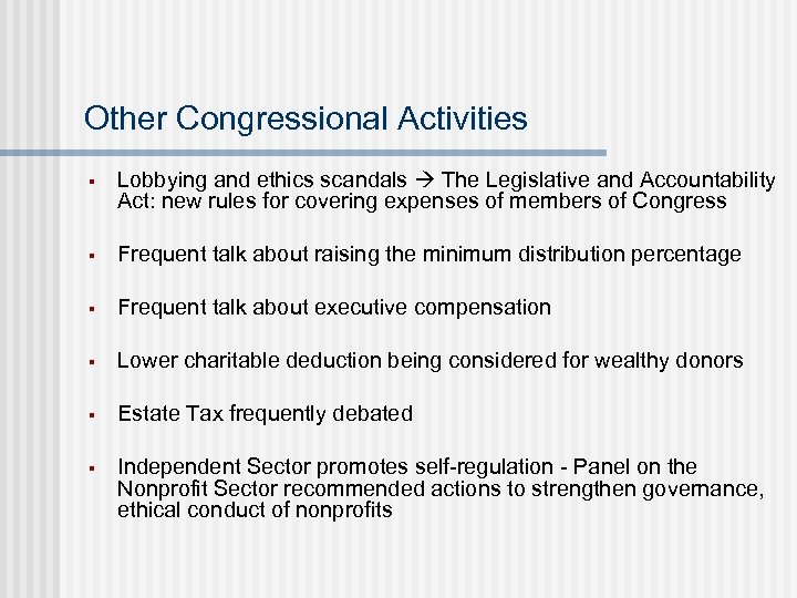 Other Congressional Activities § Lobbying and ethics scandals The Legislative and Accountability Act: new