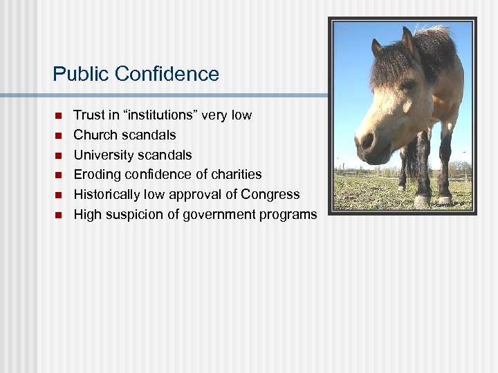 Public Confidence n n n Trust in “institutions” very low Church scandals University scandals