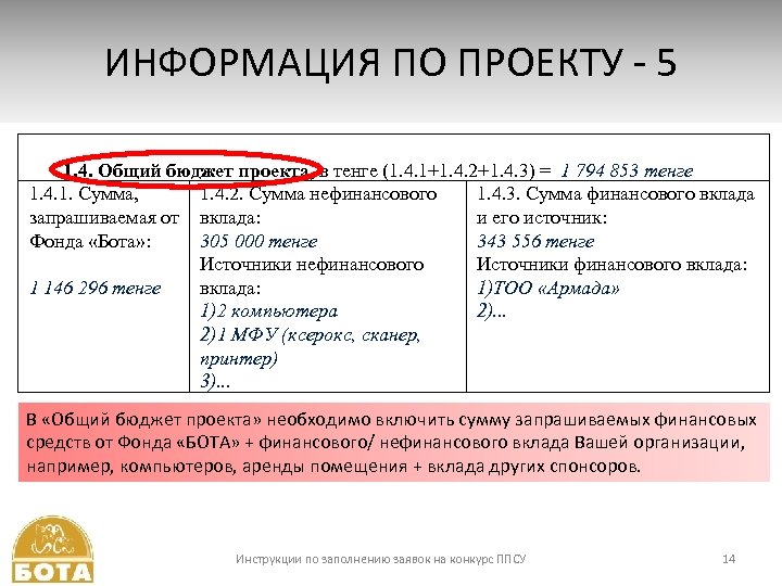 ИНФОРМАЦИЯ ПО ПРОЕКТУ - 5 1. 4. Общий бюджет проекта, в тенге (1. 4.