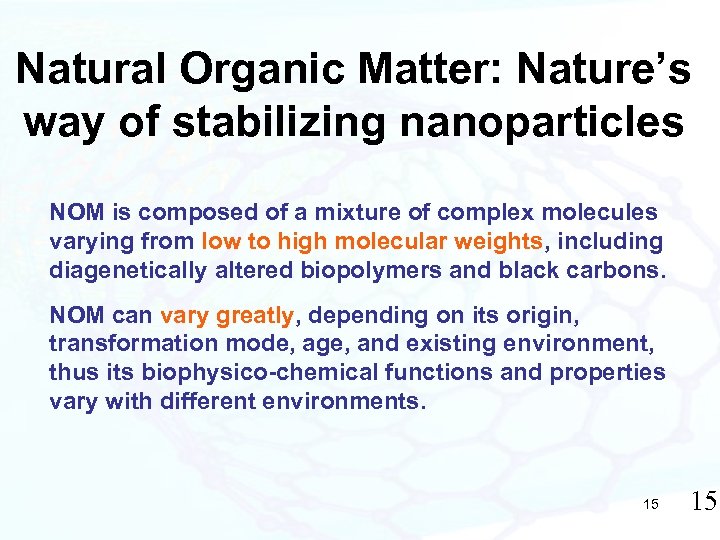 Natural Organic Matter: Nature’s way of stabilizing nanoparticles NOM is composed of a mixture