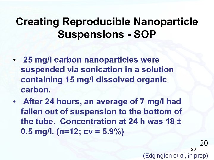 Creating Reproducible Nanoparticle Suspensions - SOP • 25 mg/l carbon nanoparticles were suspended via