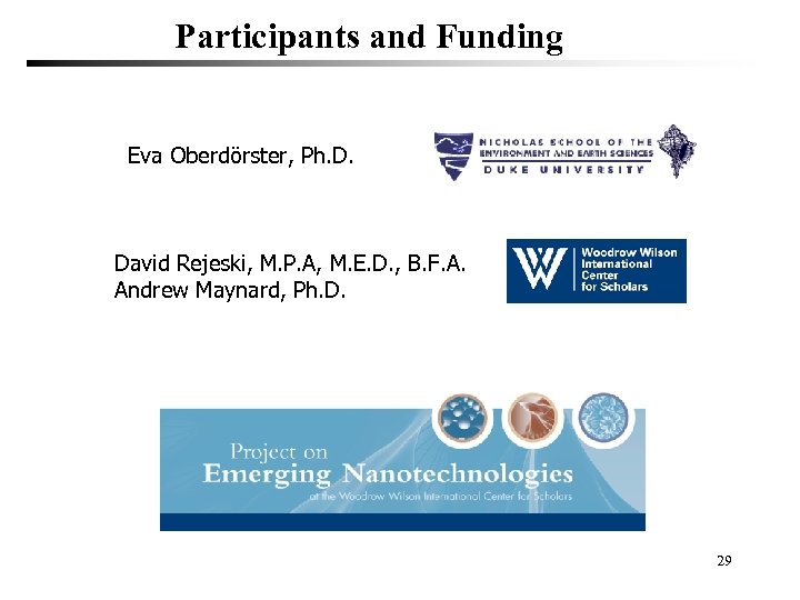 Participants and Funding Eva Oberdörster, Ph. D. David Rejeski, M. P. A, M. E.