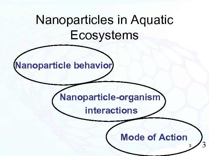 Nanoparticles in Aquatic Ecosystems Nanoparticle behavior Nanoparticle-organism interactions Mode of Action 3 3 