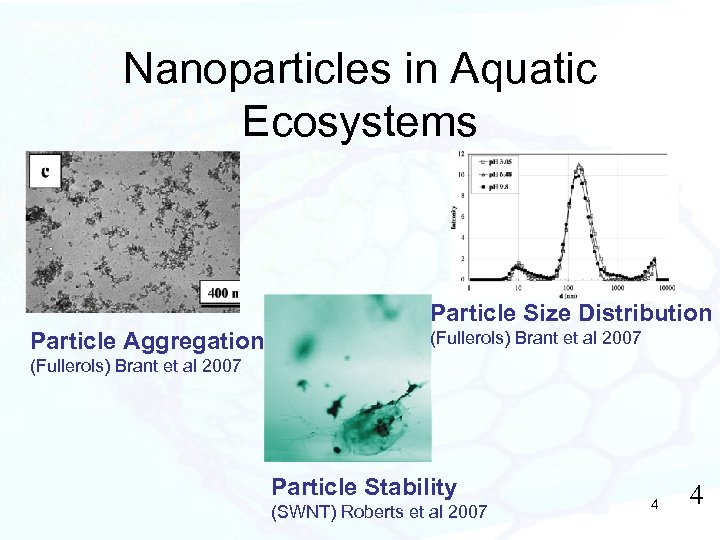 Nanoparticles in Aquatic Ecosystems Particle Size Distribution Particle Aggregation (Fullerols) Brant et al 2007