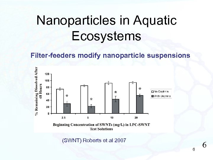 Nanoparticles in Aquatic Ecosystems Filter-feeders modify nanoparticle suspensions (SWNT) Roberts et al 2007 6