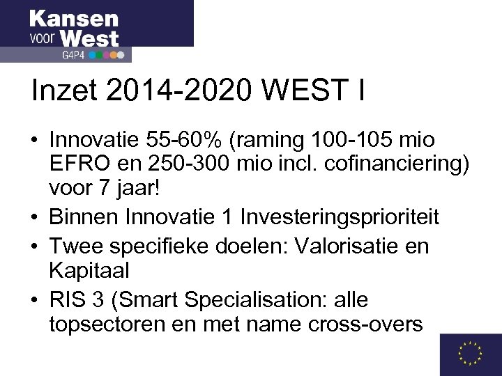 Inzet 2014 -2020 WEST I • Innovatie 55 -60% (raming 100 -105 mio EFRO